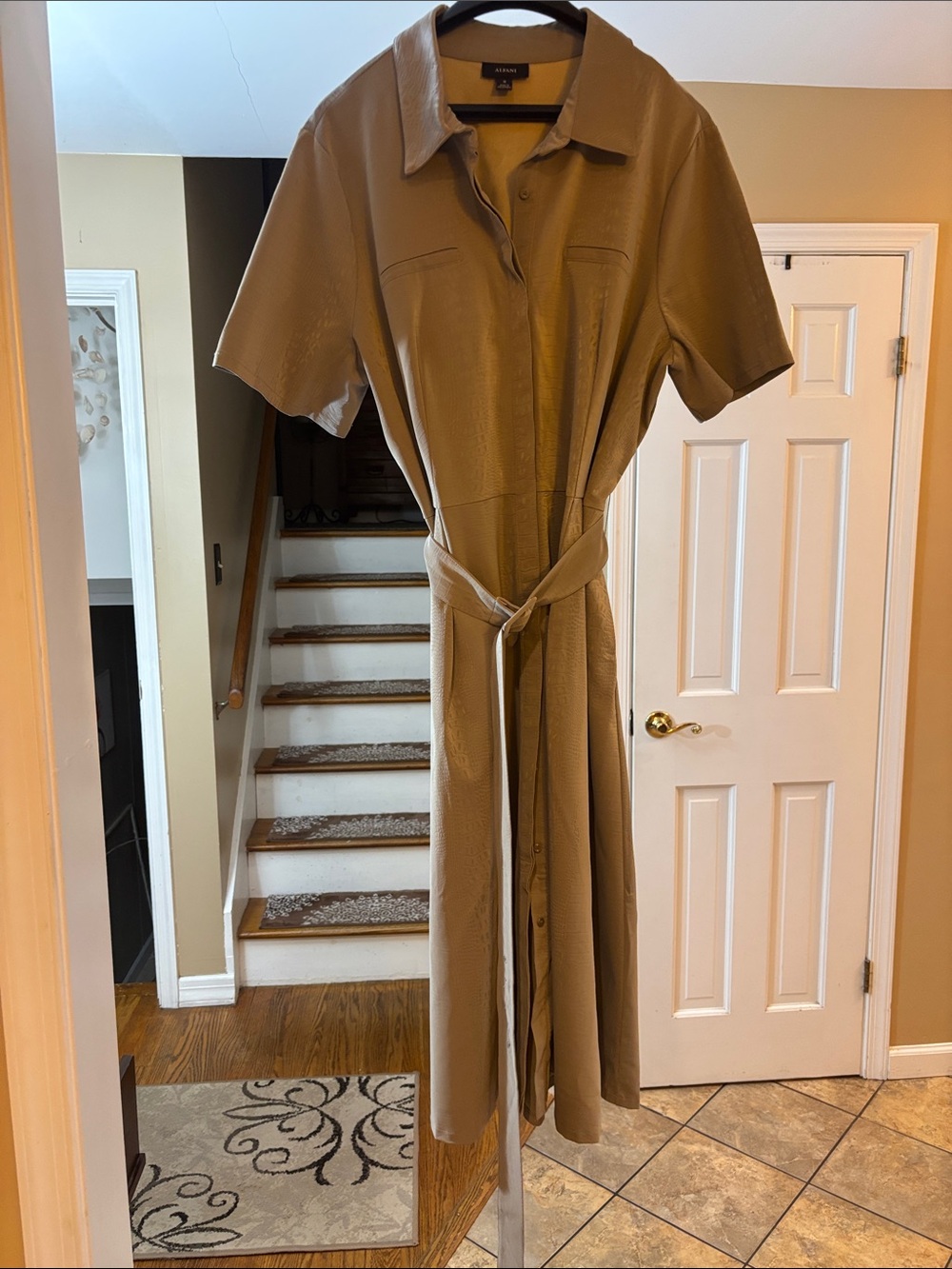 Alfani Taupe Short-Sleeve Tie-Waist Trench Dress